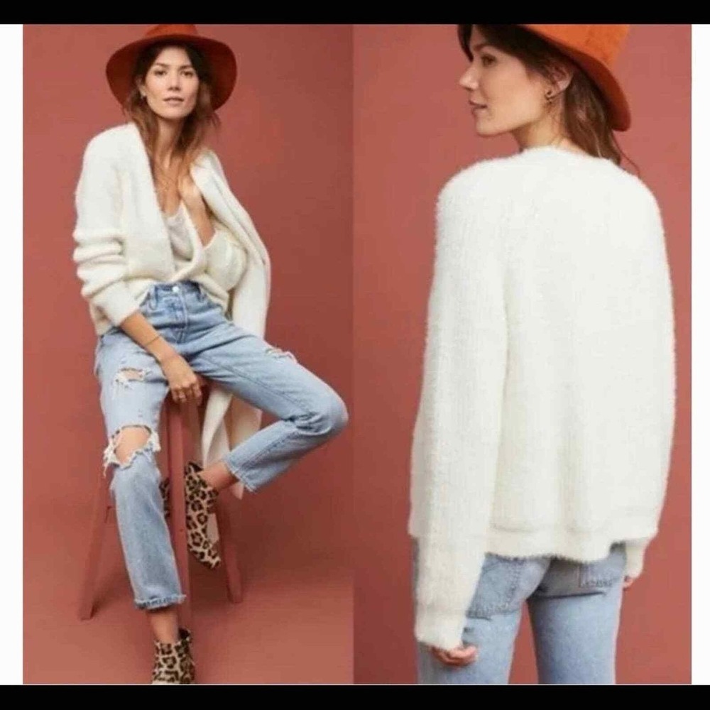 Anthropologie Sleeping on Snow Cream Fuzzy Eyelash Knit Open Front Cardigan